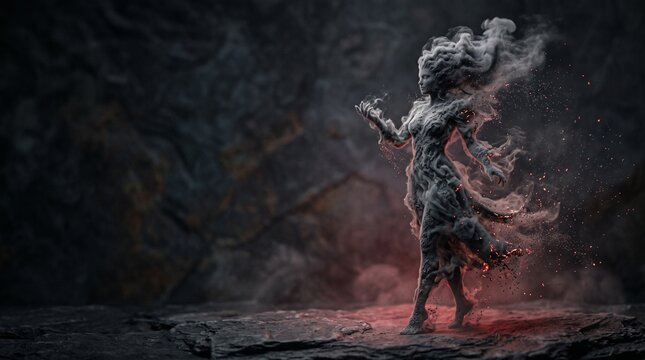 Female entity made of ash and floating particles