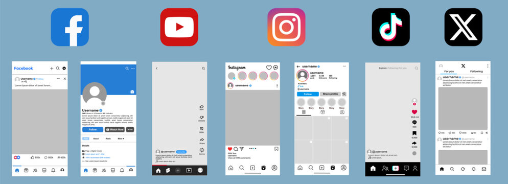 Facebook, YouTube, and Instagram mockups, Social media feed templates, Multi platform user interfaces