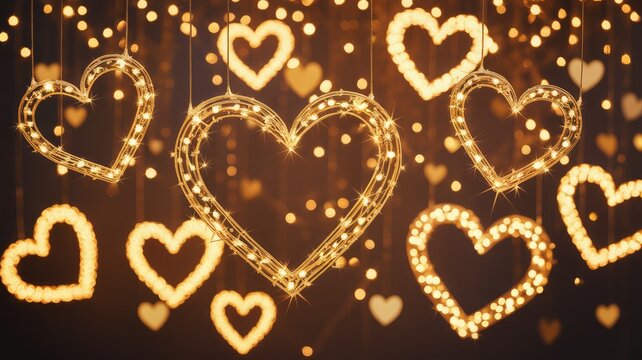 Golden glittery heart shapes with sparkles background