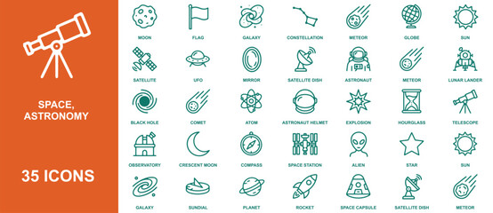 Thirty-five space and astronomy line featuring celestial bodies, planets, stars, spacecraft, astronauts, and astronomical equipment © Shapon