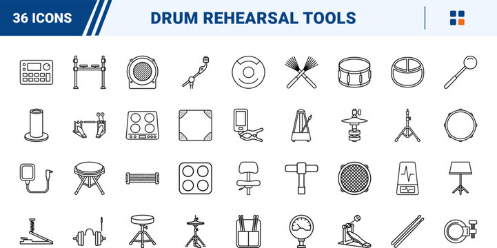 Drum Practice Kit line icon set. Vector pictograms of percussion, rehearsal, hardware, and training elements, thin linear illustration.