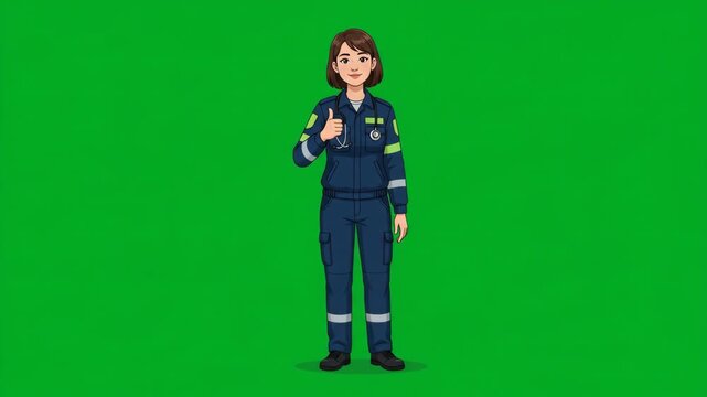 Female paramedic cartoon character giving a thumbs up gesture on a green screen background, representing medical professionals and healthcare support.