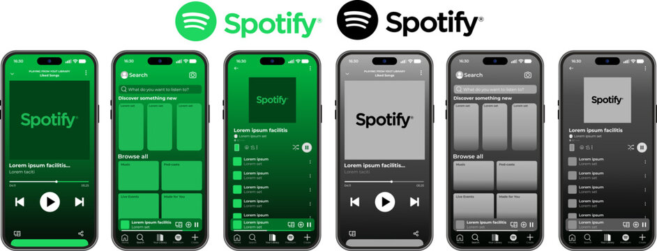 Spotify UI mockups are presented here, showing mobile screens. The music player template is sleek, ready for your app design. Download this digital asset, perfect for creative projects