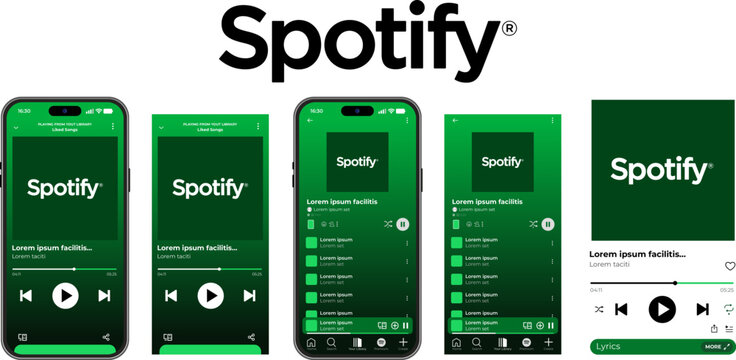 Spotify music player interface mockups on mobile screens, displaying playlist designs and playback controls, featuring digital streaming layouts for audio apps