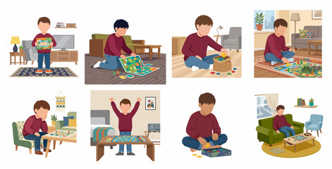 Vector set of a young boy playing board games at home, including scenes of unboxing, setup, strategic thinking, and celebration.