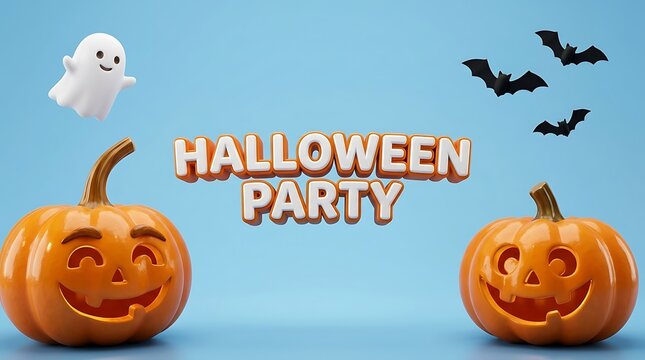 Halloween party text banner featuring smiling pumpkins ghost and bats on blue
