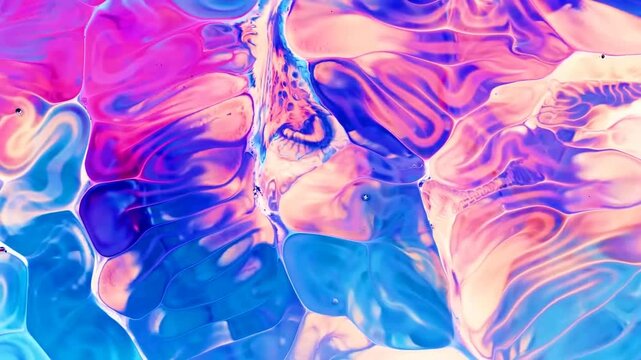 Brightly illuminated liquid pigments blend and shift across a surface creating complex organic color combinations and fluid dynamics through natural surface tension interactions.
