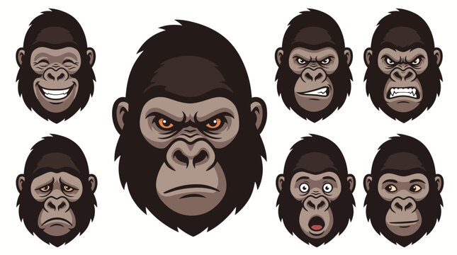Gorilla Face Expression Collection with Various Angry Sad and Happy Emotions Vector Set