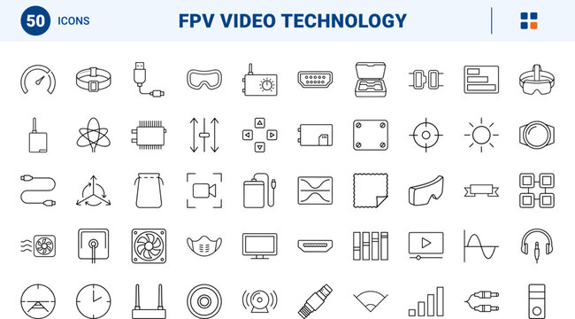 FPV Drone Goggles line icon set. Vector pictograms of headset, antenna, display, and receiver elements, thin linear illustration.