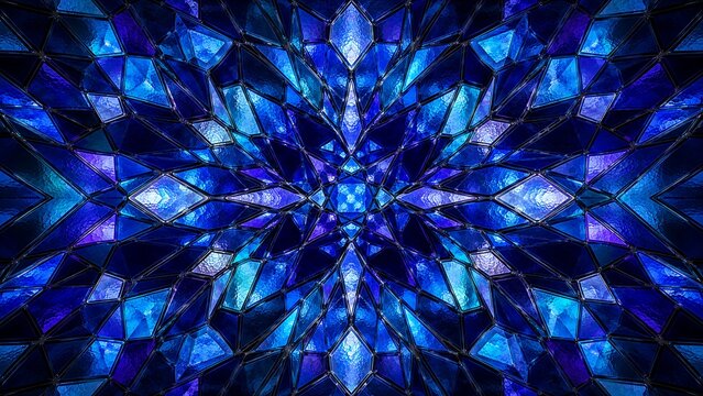 Abstract background featuring intricate geometric patterns of deep blue stained glass panels