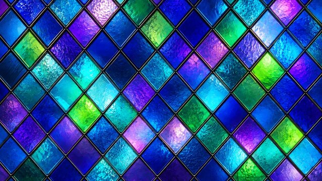 Abstract background of colorful diamond shaped stained glass panels with vibrant blue green and purple hues