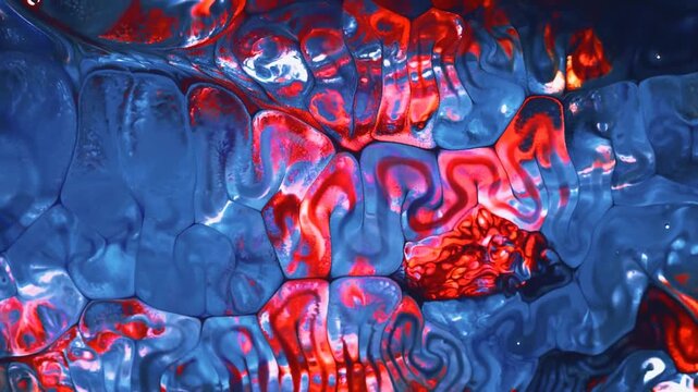 Brightly illuminated liquid pigments blend and shift across a surface creating complex organic color combinations and fluid dynamics through natural surface tension interactions.