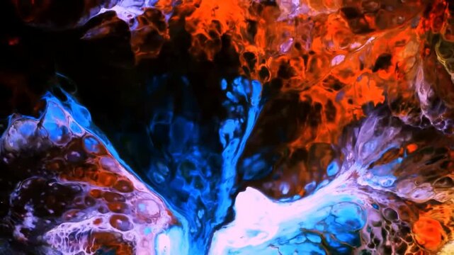 Brightly illuminated liquid pigments blend and shift across a surface creating complex organic color combinations and fluid dynamics through natural surface tension interactions.