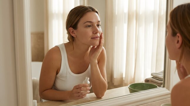 Young woman holding serum bottle examines her skin reflection in large wall mirror.