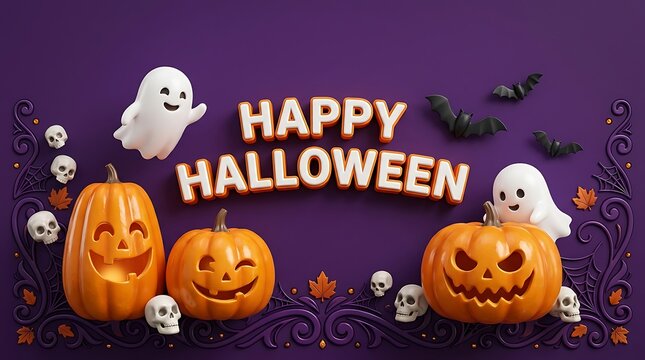 Happy halloween background with carved pumpkins and cute ghosts, halloween