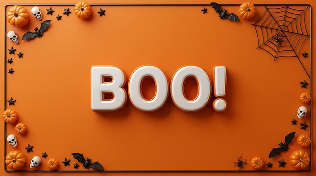 Boo halloween background frame with pumpkins spiders and skulls, halloween