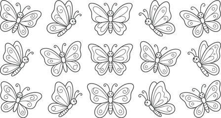 Fototapeta premium Collection of hand drawn butterflies in various poses isolated on transparent background