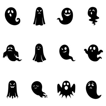 Collection of spooky black silhouette ghost characters with various expressions