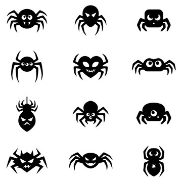 Collection of cute and spooky black spider icons with various facial expressions