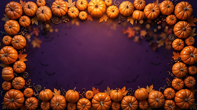 Halloween frame background with pumpkins and leaves on purple, halloween
