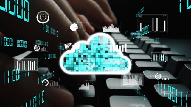 A close-up view of hands typing on a keyboard with a digital cloud graphic overlay, symbolizing data analysis and innovation in technology-driven workplaces. Xenic