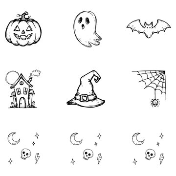 Hand drawn halloween elements including pumpkin ghost bat witch house and spiderweb
