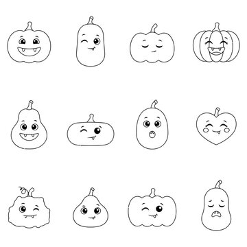 Cute kawaii pumpkin faces collection hand drawn black and white vector illustration