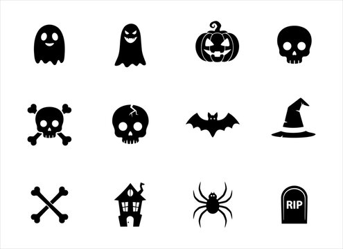 Black halloween icons set including ghosts skulls pumpkins spiders and more