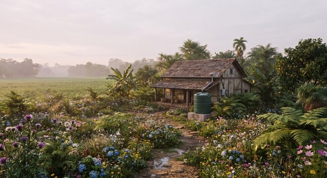 Sustainable rural cottage with rainwater collection and wildflower garden