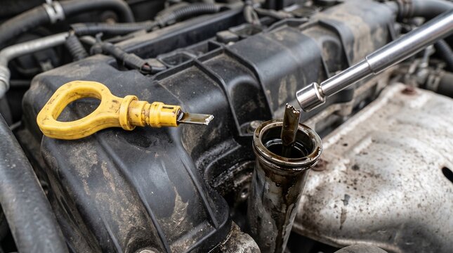 Broken car oil dipstick stuck in engine tube being removed with mechanical tools during routine maintenance. Automotive repair concept for garage service, engine troubleshooting and vehicle