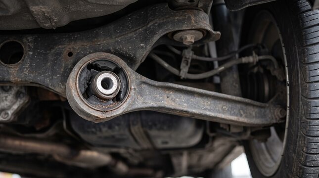 Car suspension control arm with worn rubber bushing showing deep cracks. Illustrating common automotive suspension system failure, mechanical wear, safety hazard, and chassis maintenance