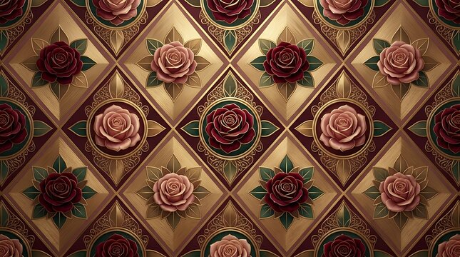 Luxury geometric background featuring floral rose shapes and golden rhombus diamond figures for elegant backdrop rose rhombus gold pattern diamond background luxury geometric floral floral pattern