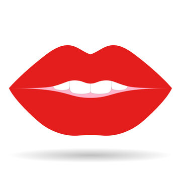 beautiful sexy red mouth and white teeth icon with shadow on white.