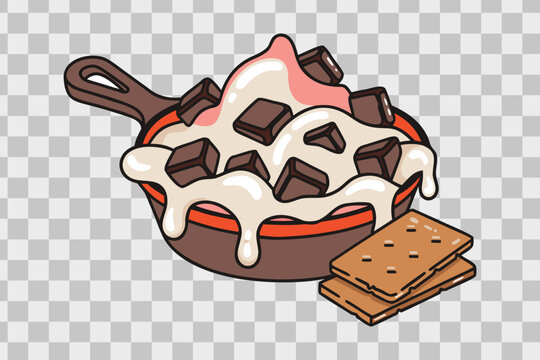 Skillet s'mores dip vector illustration with melted marshmallows and chocolate cubes