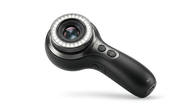 Close-up of handheld magnifying camera lens with led light isolated on white background