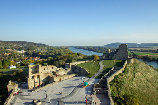 Bratislava, Slovakia &ndash; Oct 14, 2019: Dev&iacute;n Castle ruins overlooking the Danube landscape