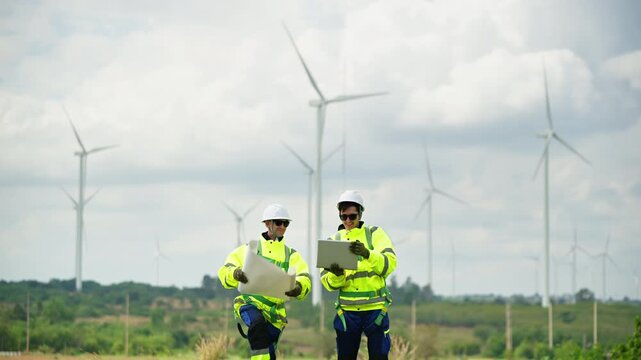 Engineers wearing safety helmets and jackets inspecting a wind turbine at wind farm at sunset. Concept renewable energy, sustainable technology wind power maintenance and environmental engineering.