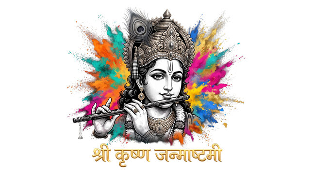 Lord krishna with peacock feather playing flute isolated on transparent background