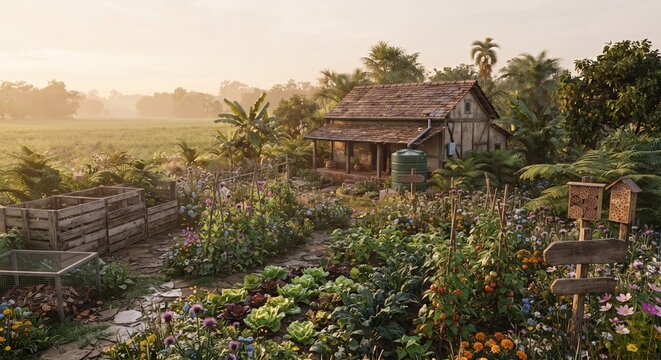 Sustainable permaculture vegetable garden and cottage at sunrise