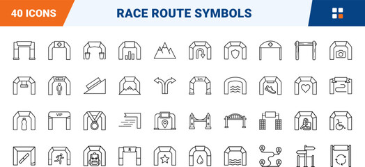 Fototapeta premium Marathon route arch line icon set. Vector pictograms of race, running, start, and finish elements, thin linear illustration.
