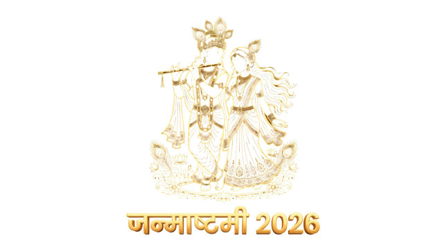 Golden radha krishna illustration for janmashtami 2026 isolated on transparent background