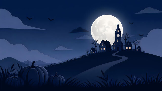Halloween haunted village silhouette with full moon and pumpkins in a flat vector style