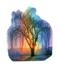 Fototapeta premium Colorful sunset willow tree PNG with transparent background
