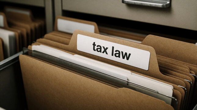 Office filing cabinet holds manila folders labeled tax law for legal and financial records. Paperwork organized for business administration and compliance.