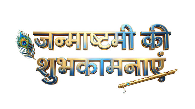Janmashtami ki shubhkamnaye 3d text with peacock feather and flute isolated on transparent background