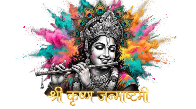 Lord krishna playing flute with colorful powder isolated on transparent background