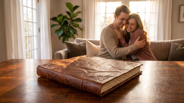 Couple embracing while sitting beside a classic leather-bound album  