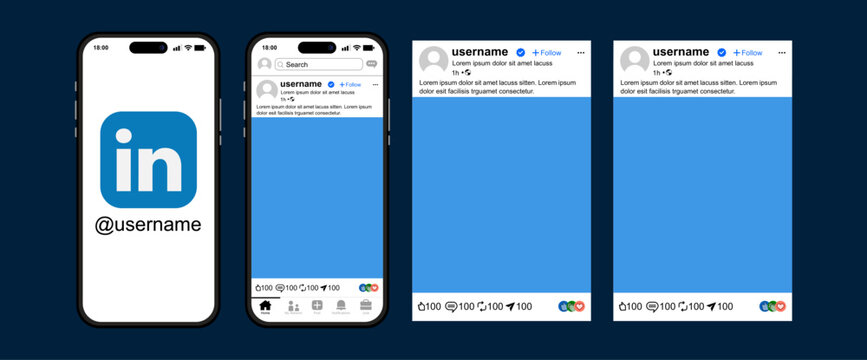 LinkedIn interface mockup template featuring iPhone screen layouts and feed post frames, designed in light mode with social network engagement icons, perfect for social media marketing content