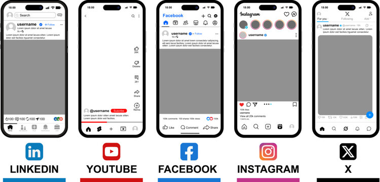 Social media interface mockup set featuring LinkedIn, YouTube, Facebook, Instagram, and X app layouts on iPhone screens, designed in light mode, perfect for digital marketing and content strategy