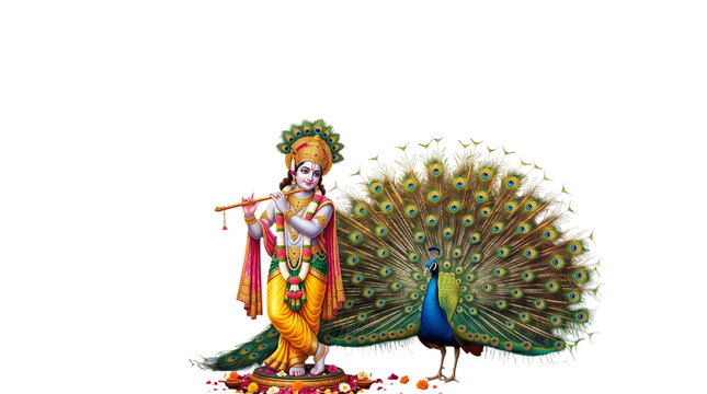 Lord krishna playing flute with peacock isolated on transparent background